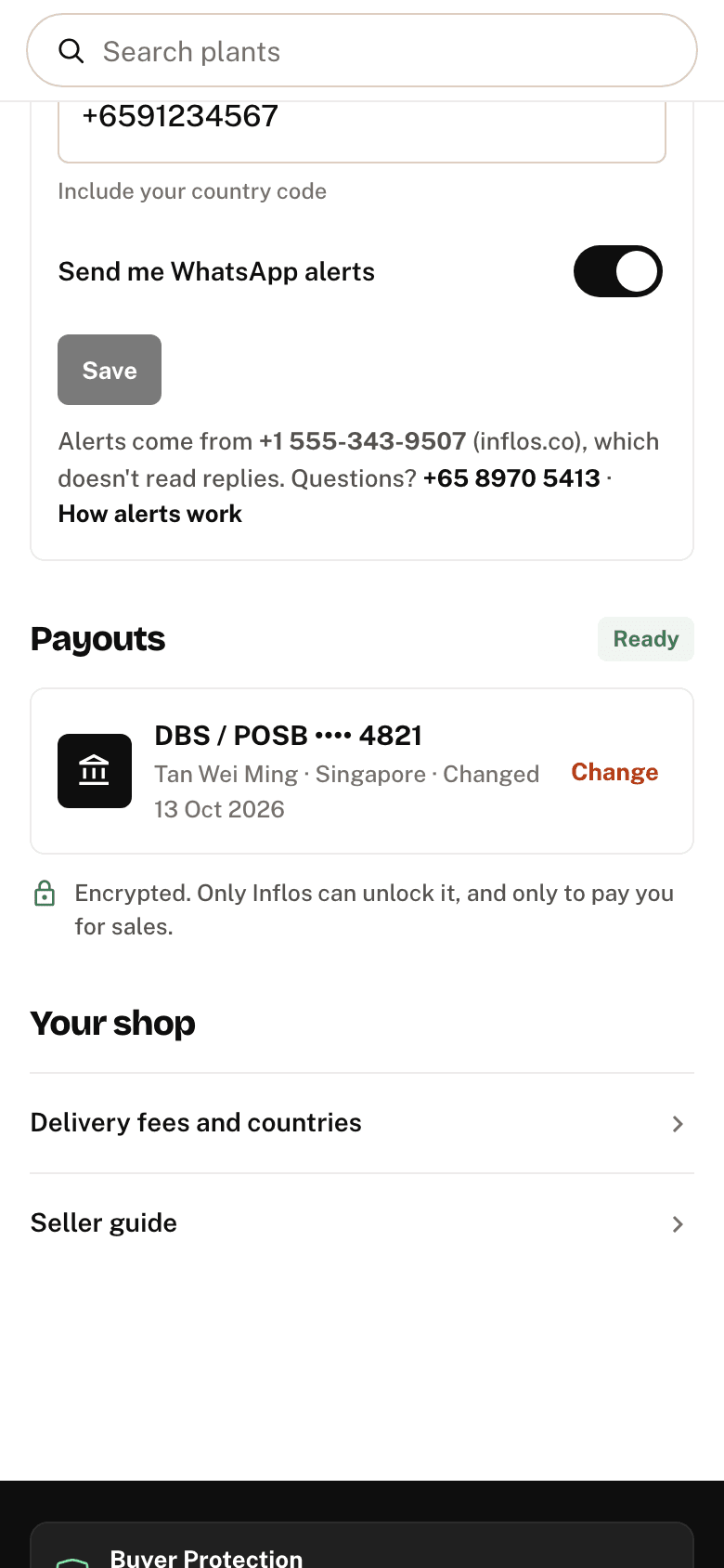 Saved payout details showing DBS / POSB •••• 4821, marked Ready