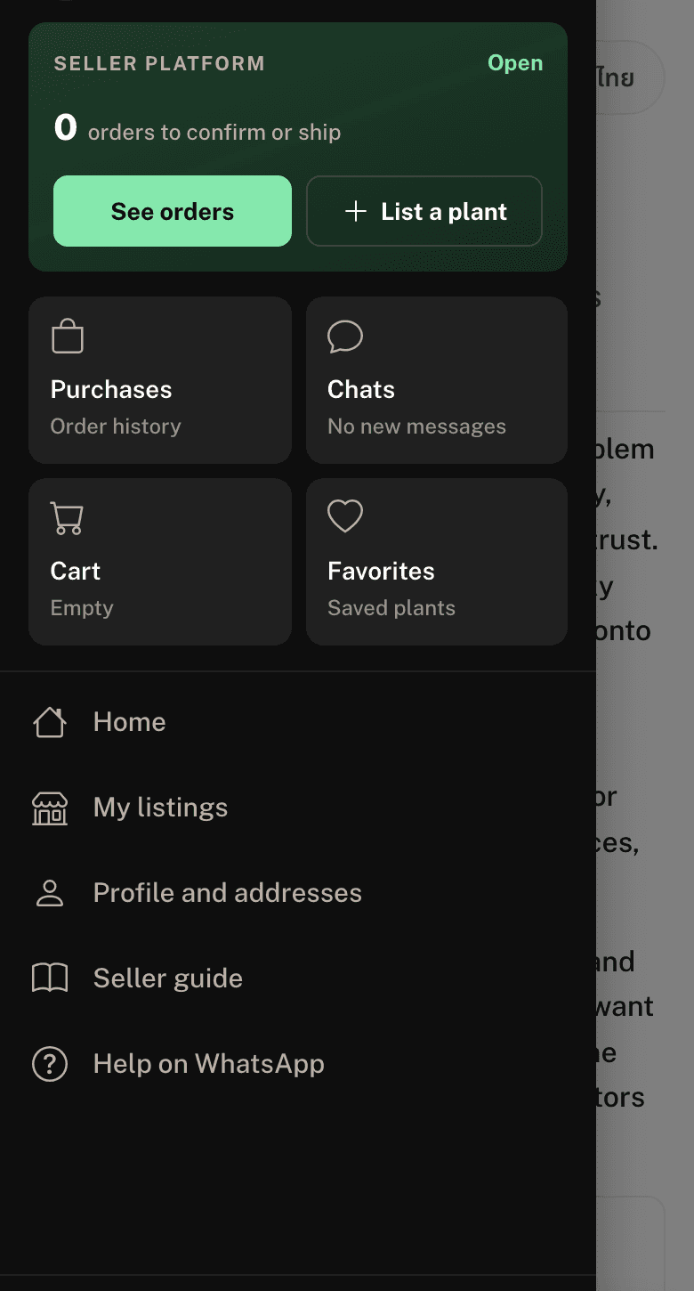 The phone menu with List a plant in the Seller platform box