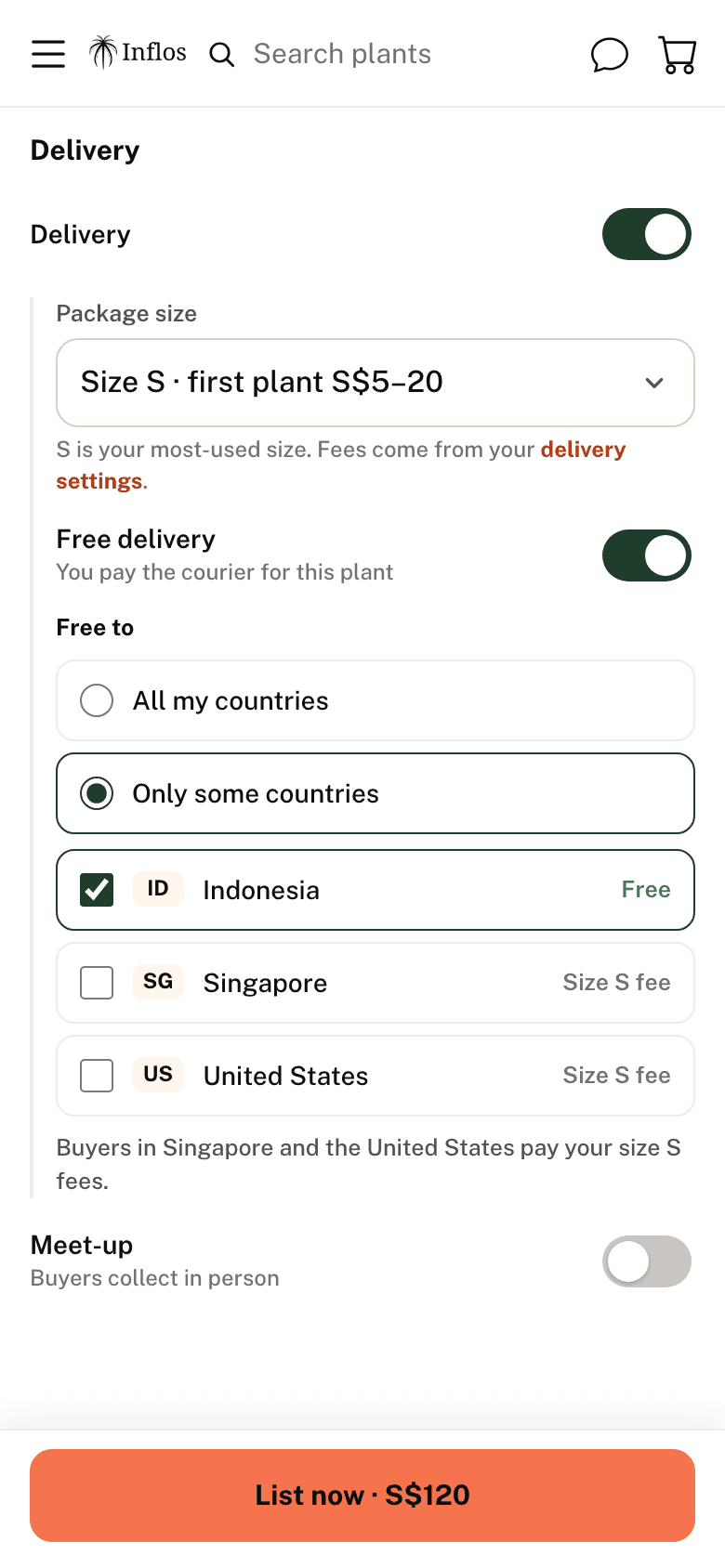 The Delivery section with Free delivery turned on for Indonesia only