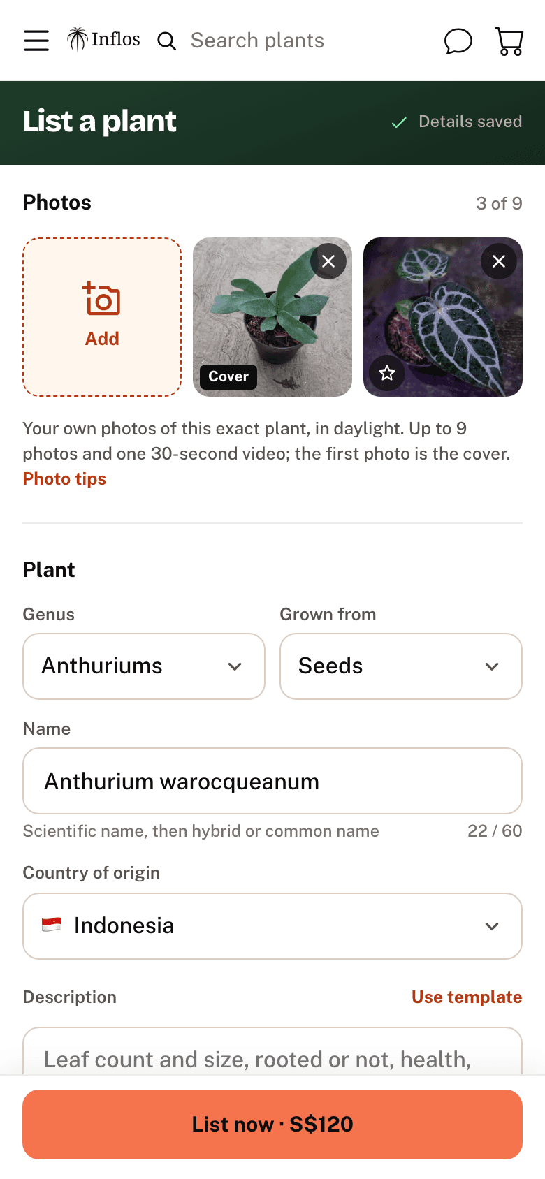 The Photos and Plant sections of the Sell page