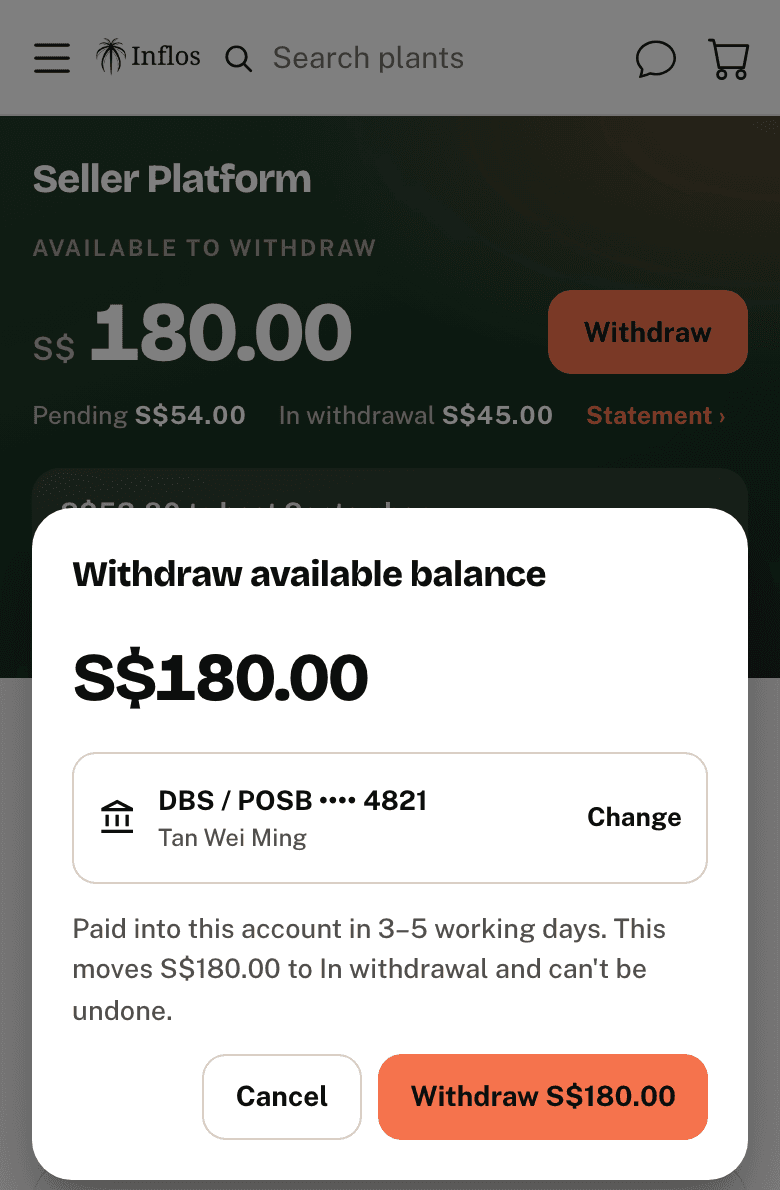 The Withdraw window showing the account the money goes to